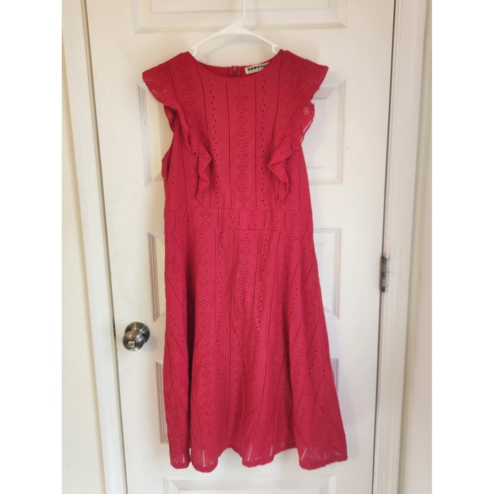 Ecowish Red Eyelet Lace Ruffle Cap Sleeve Midi Dress‎ Womens Medium Fit & Flare